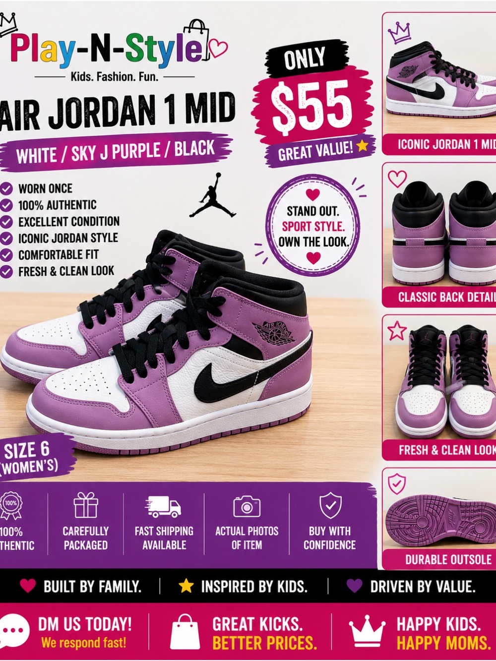 Nike Air Jordan 1 Mid - White, Sky J Purple & Black
